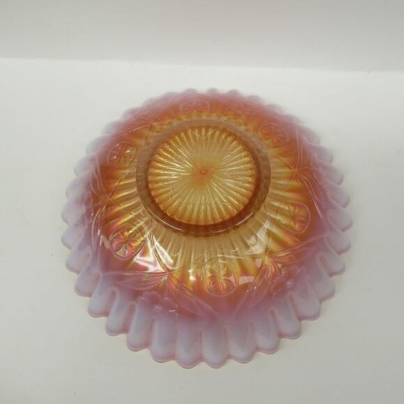 Dugan Carnival Glass Peach Opalescent SINGLE FLOWER FRAMED 8 1/2 In Ribbon Bowl - Picture 4 of 5